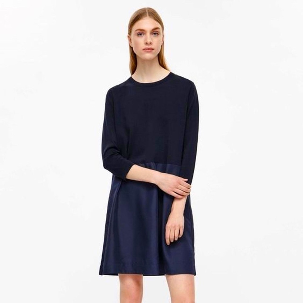 COS Shirt Dress - Navy Blue A-Line 3/4 Sleeve Midi Dress
